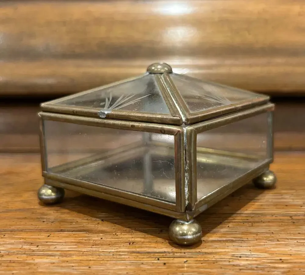 Vintage Brass and Etched Glass Footed Trinket Box with Mirrored Bottom